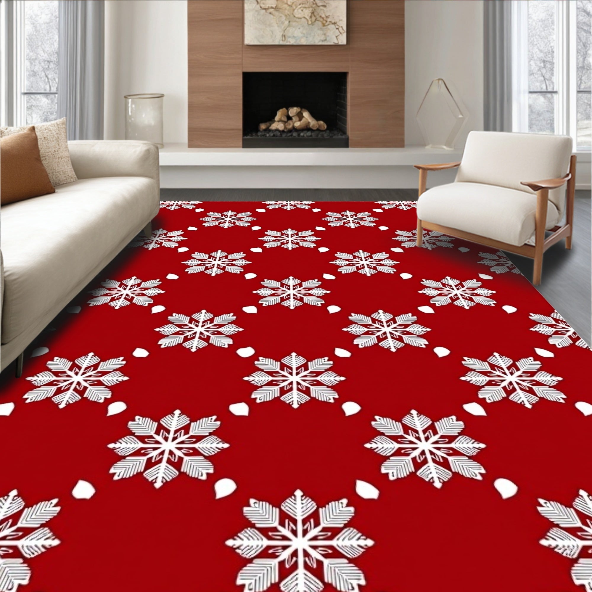 Festive White Snowflake Red Pattern Rug