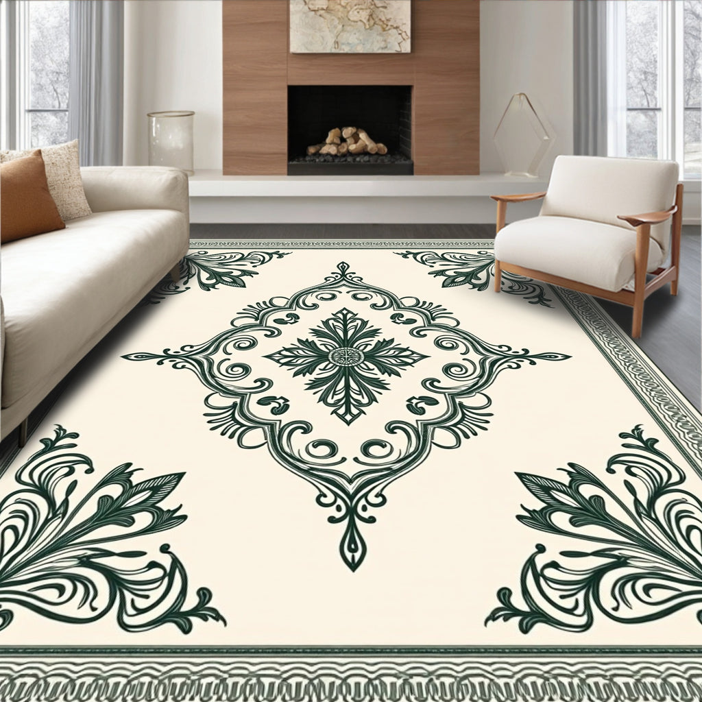 Dark Green Ornamental Scrollwork Medallion Rug