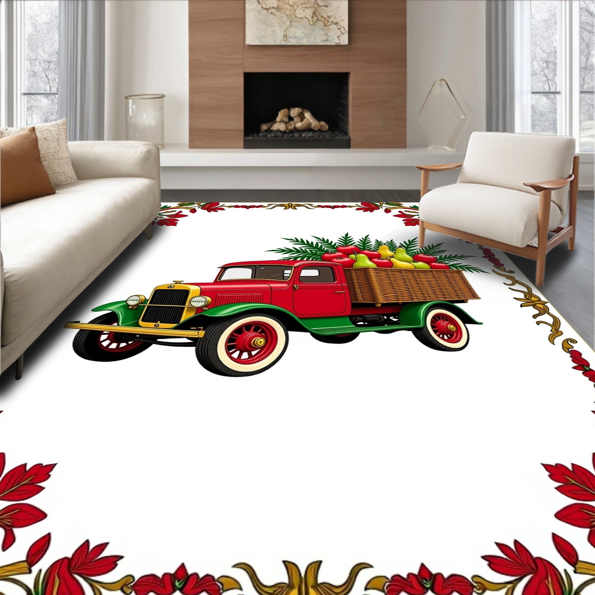 Vintage Red Truck Fruitbasket Border Rug
