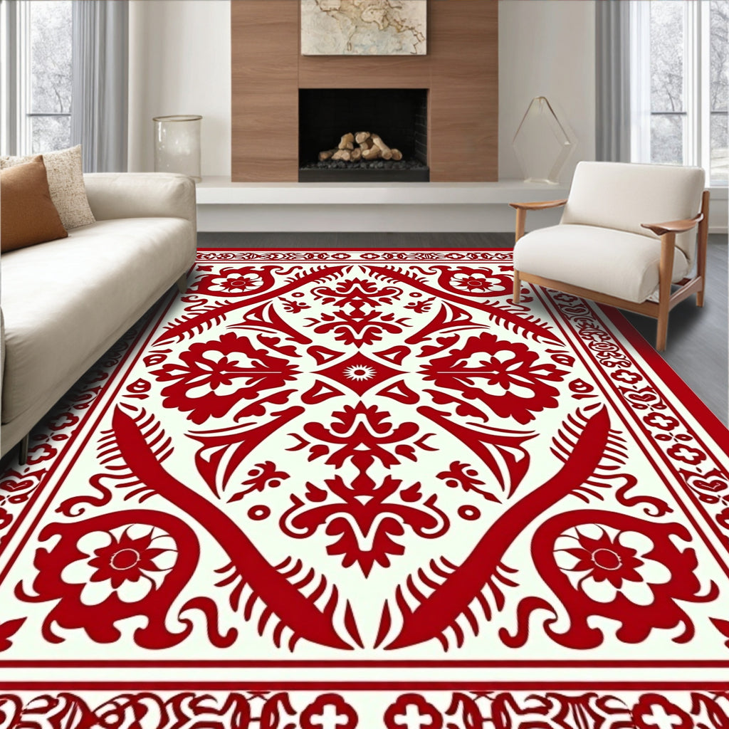 Deep Red Floral Symmetry Area Rug