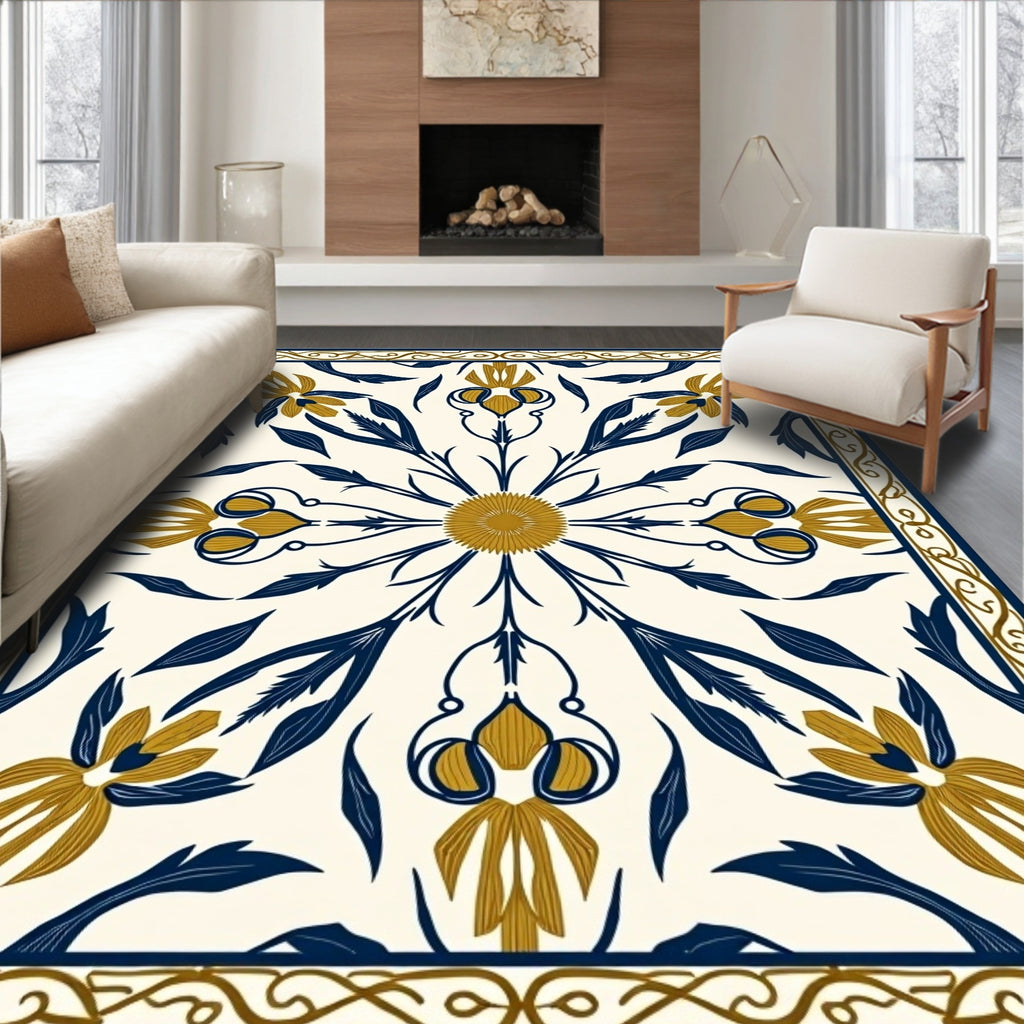 Golden Navy Floral Medallion Border Rug