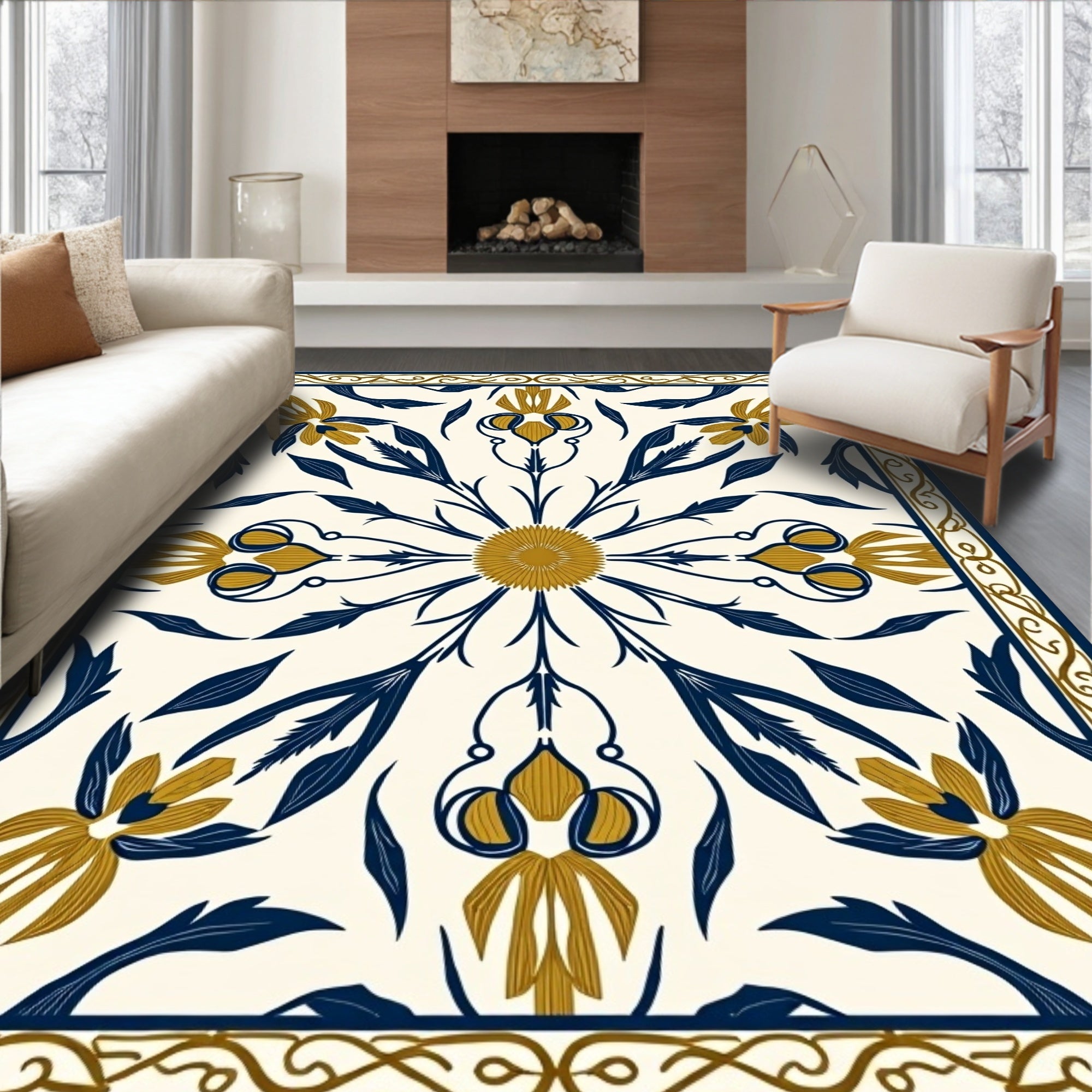 Golden Navy Floral Medallion Border Rug