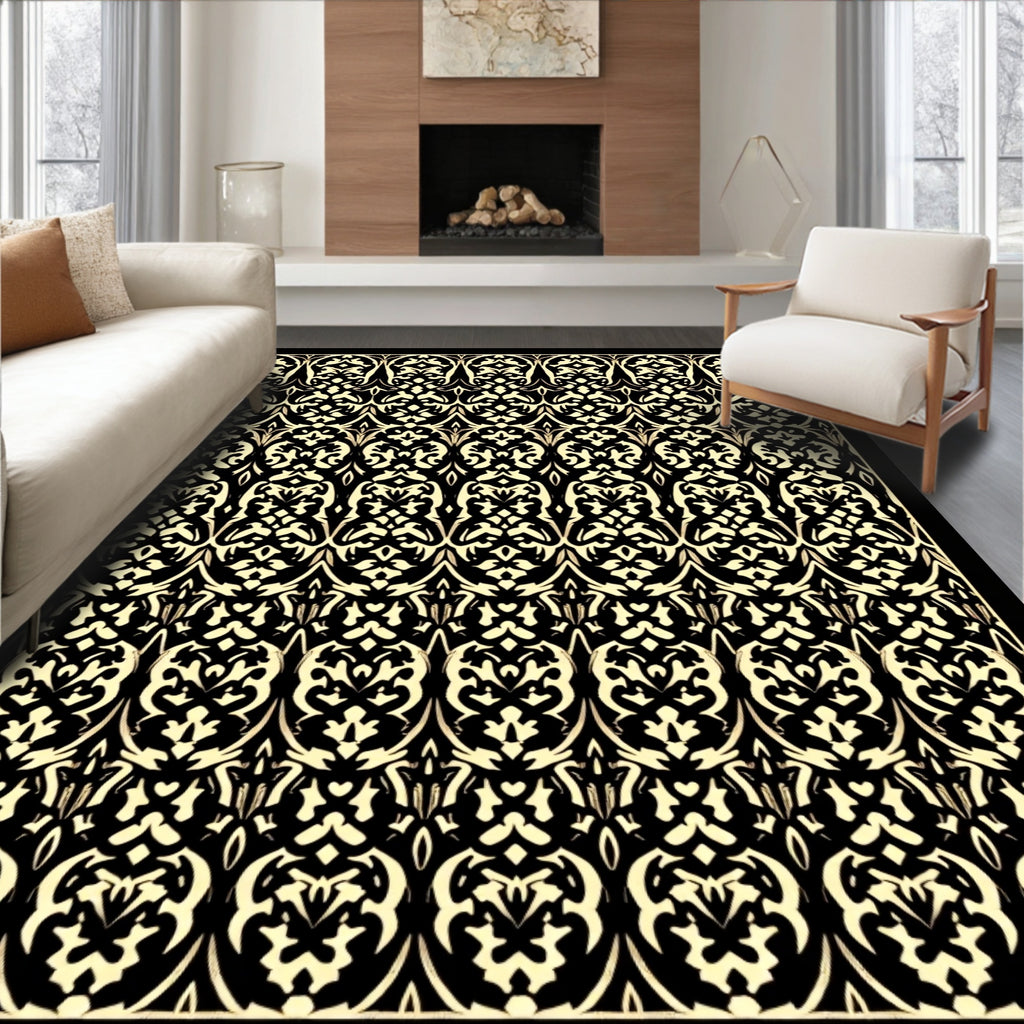 Gilded Black and White Scroll Work Rug