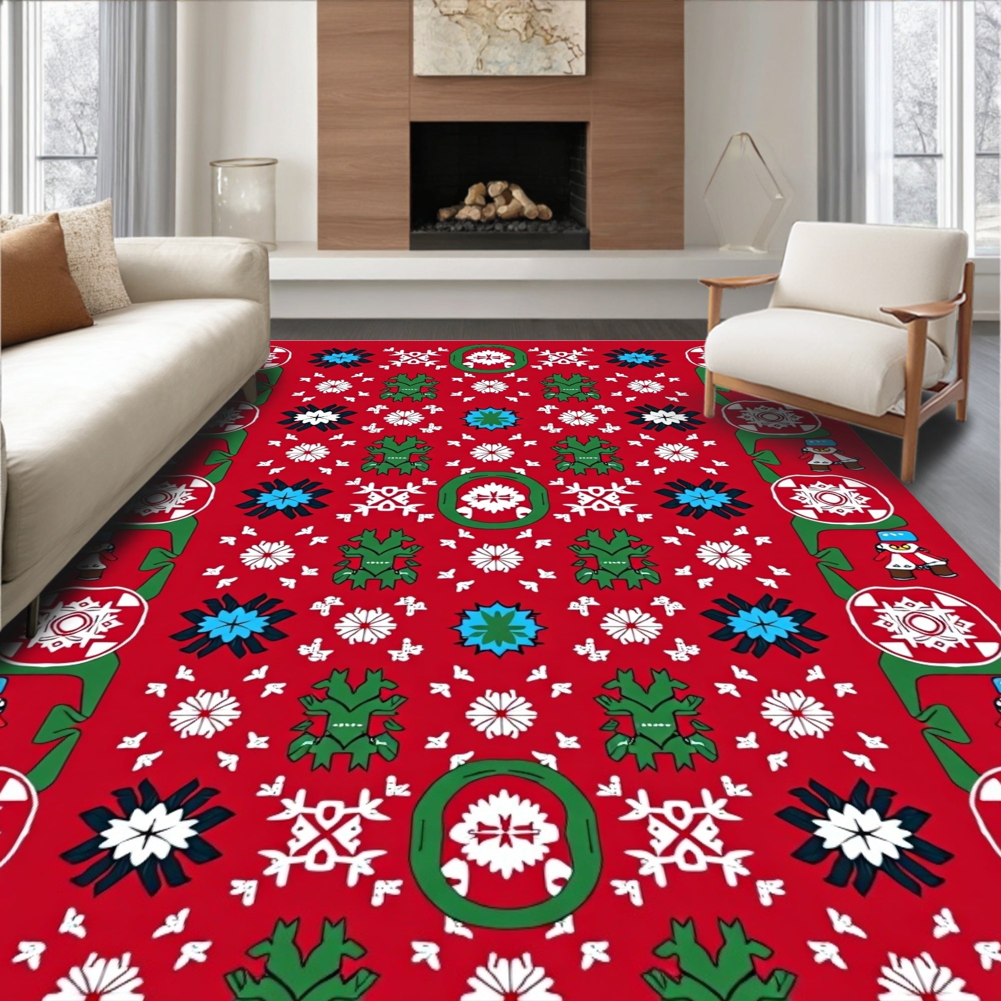 Festive Red Green Figures Medallion Rug