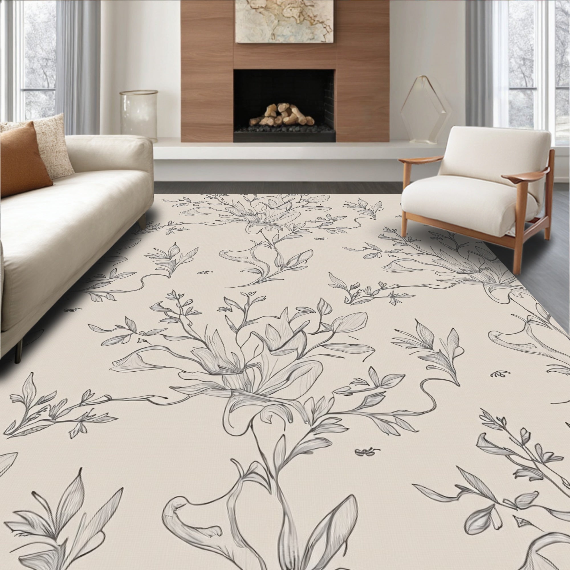 Whimsical Floral Sketch Cream Background Rug