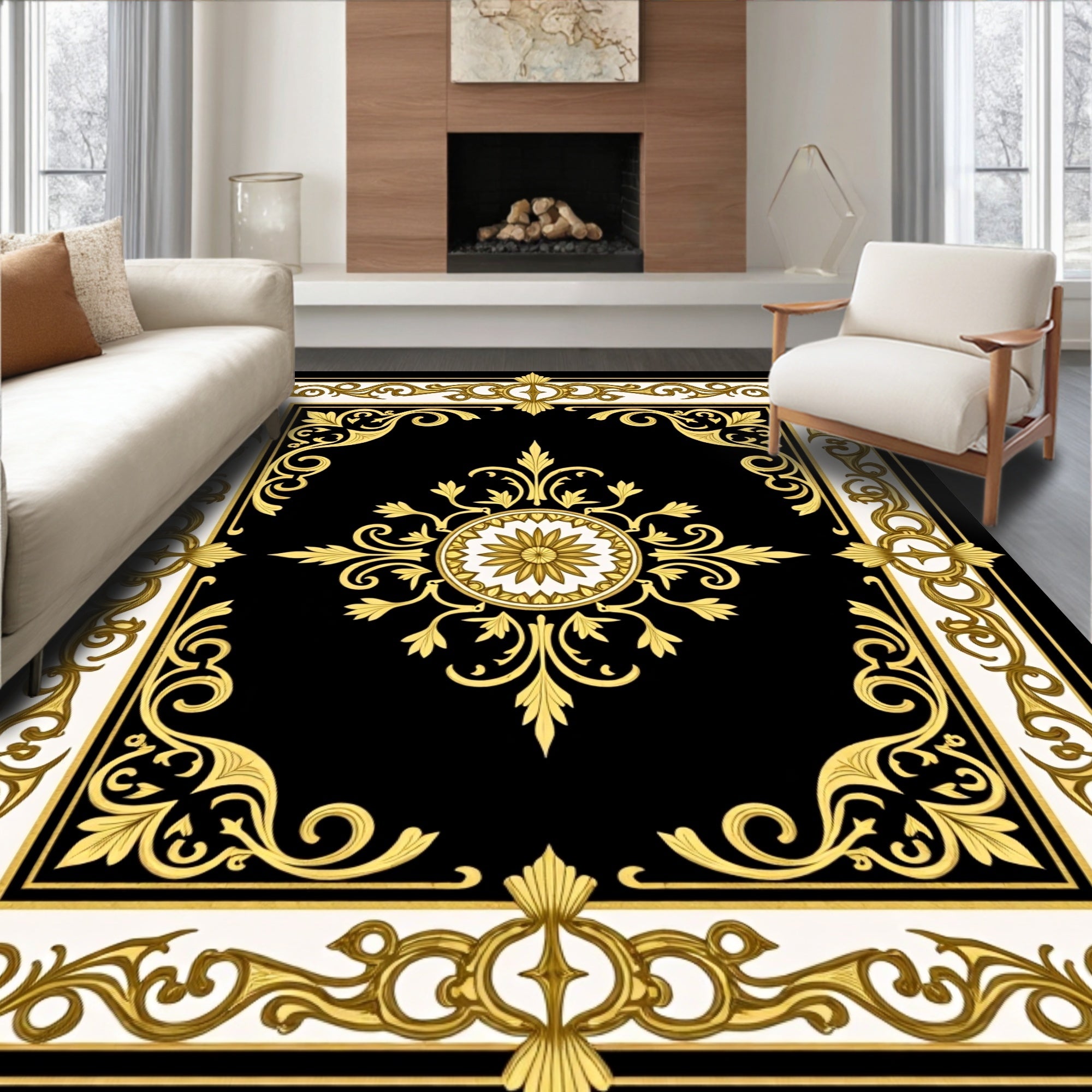 Opulent Gold Baroque Floral Medallion Rug