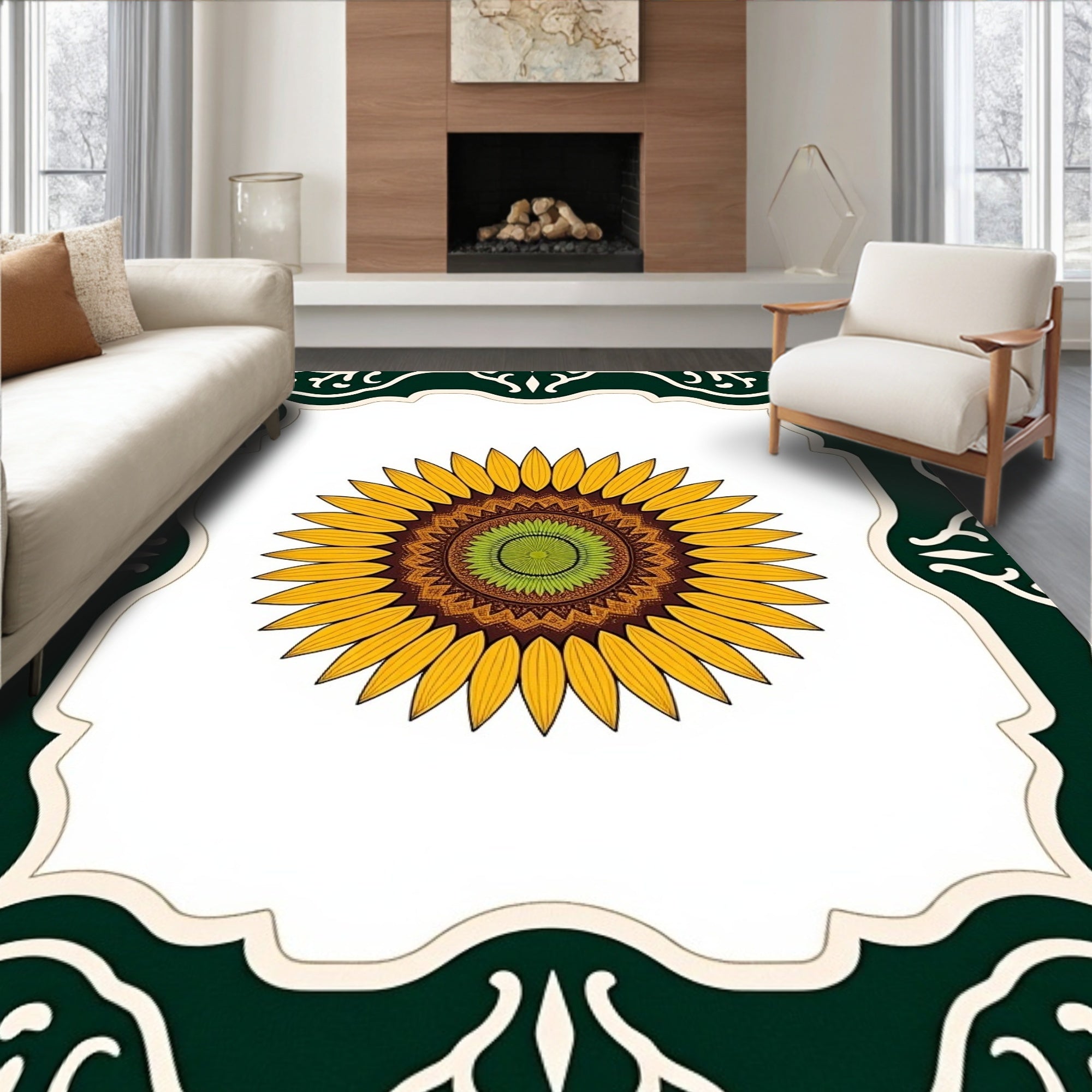 Golden Sunflower Mandala Frame Rug