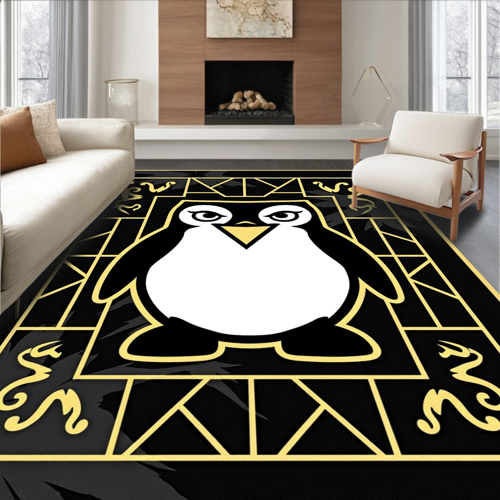Playful Black White Penguin Art Nouveau Rug