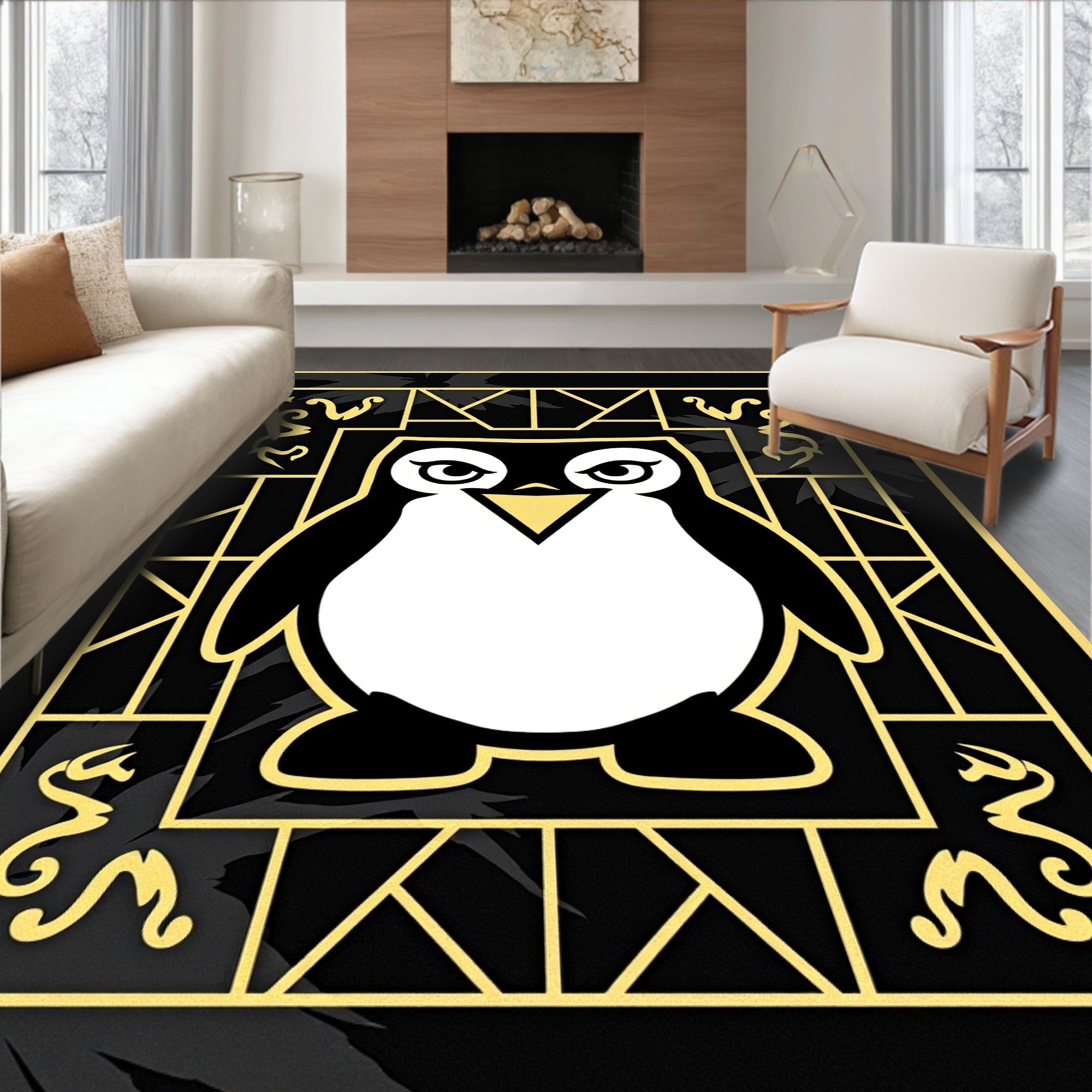 Playful Black White Penguin Art Nouveau Rug