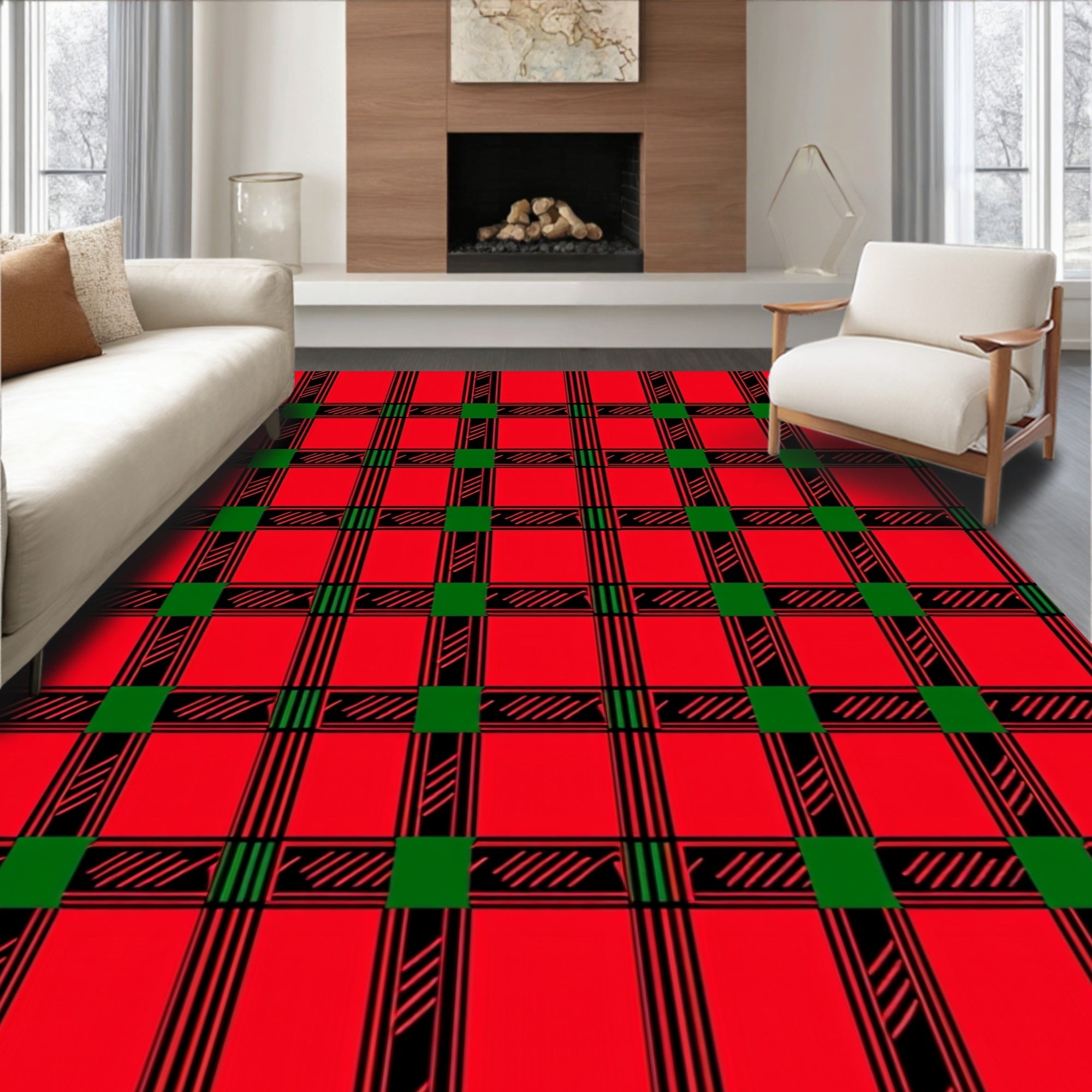 Classic Red Green Plaid Squares Rug