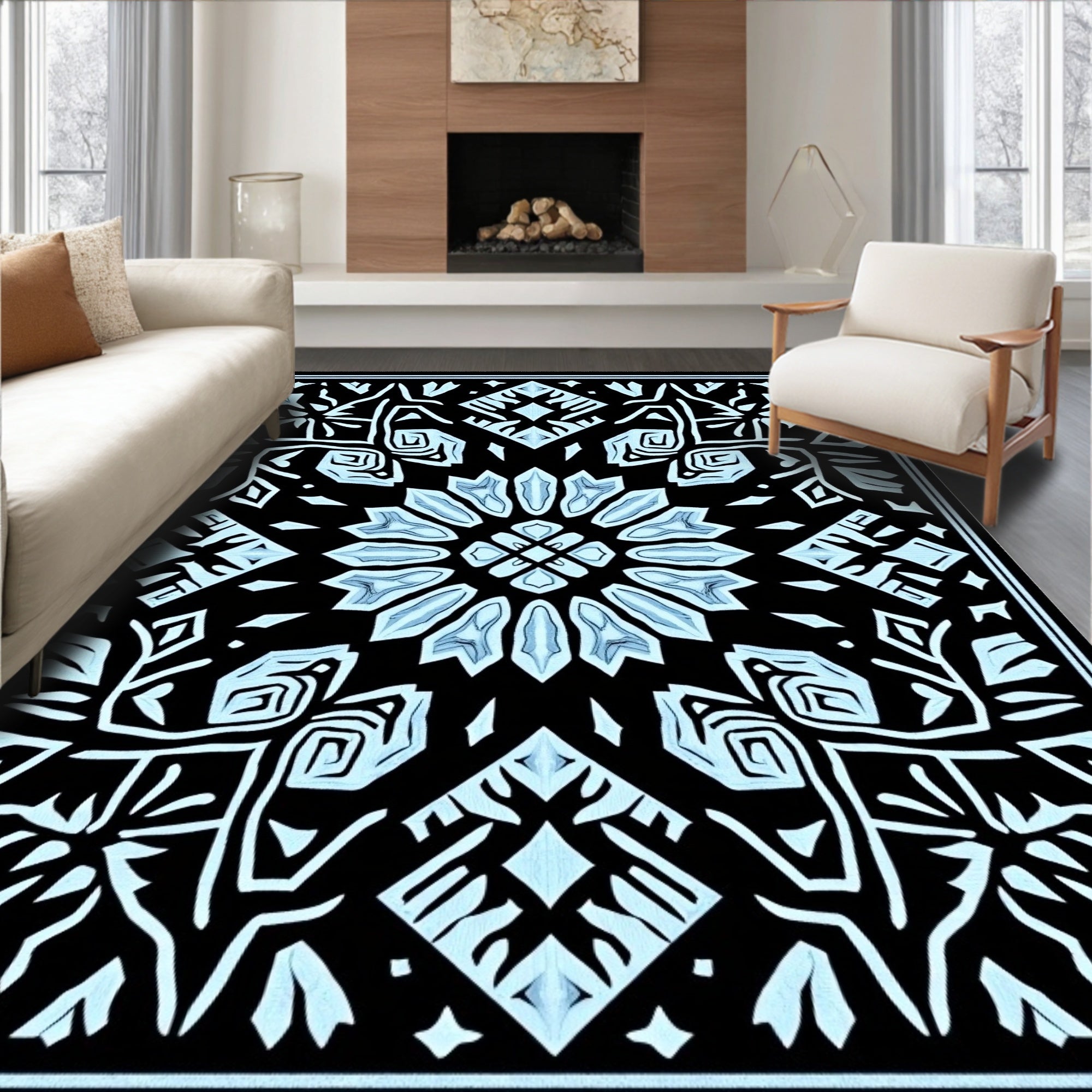 Black Light Blue Intricate Medallion Rug