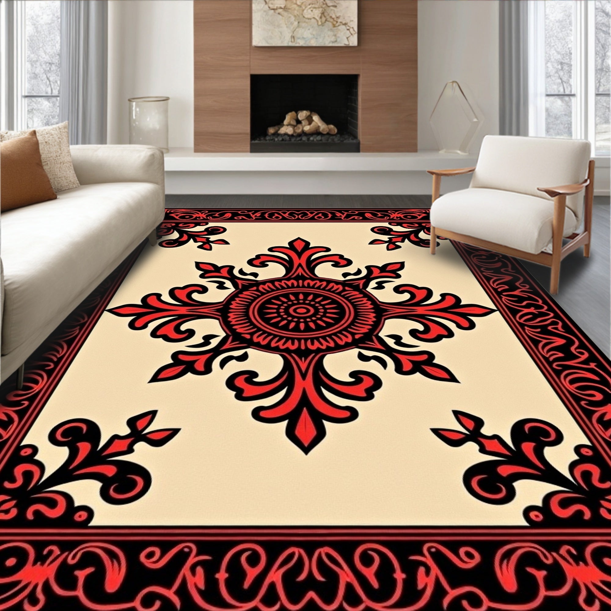 Crimson Scrollwork Inlay Arabesque Rug