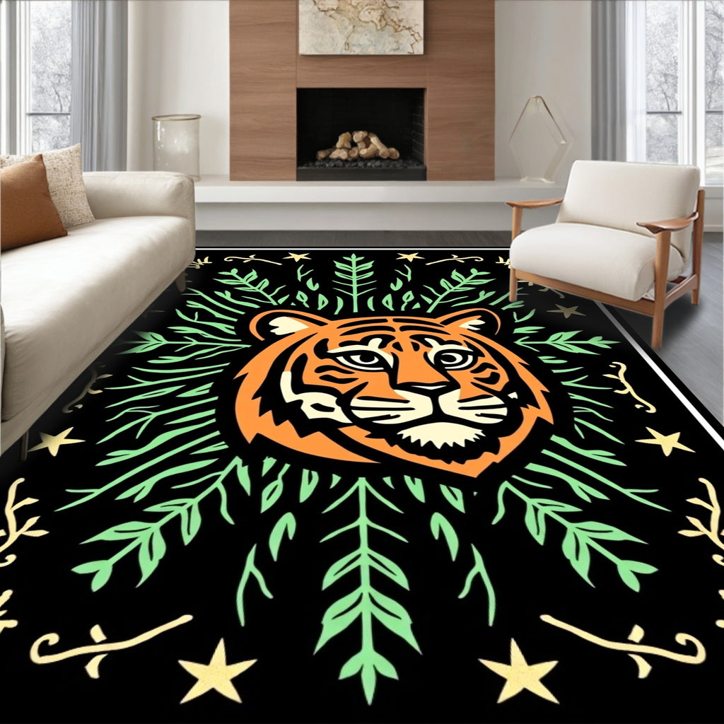 Orange Tiger With Green Tropical Vines Rug