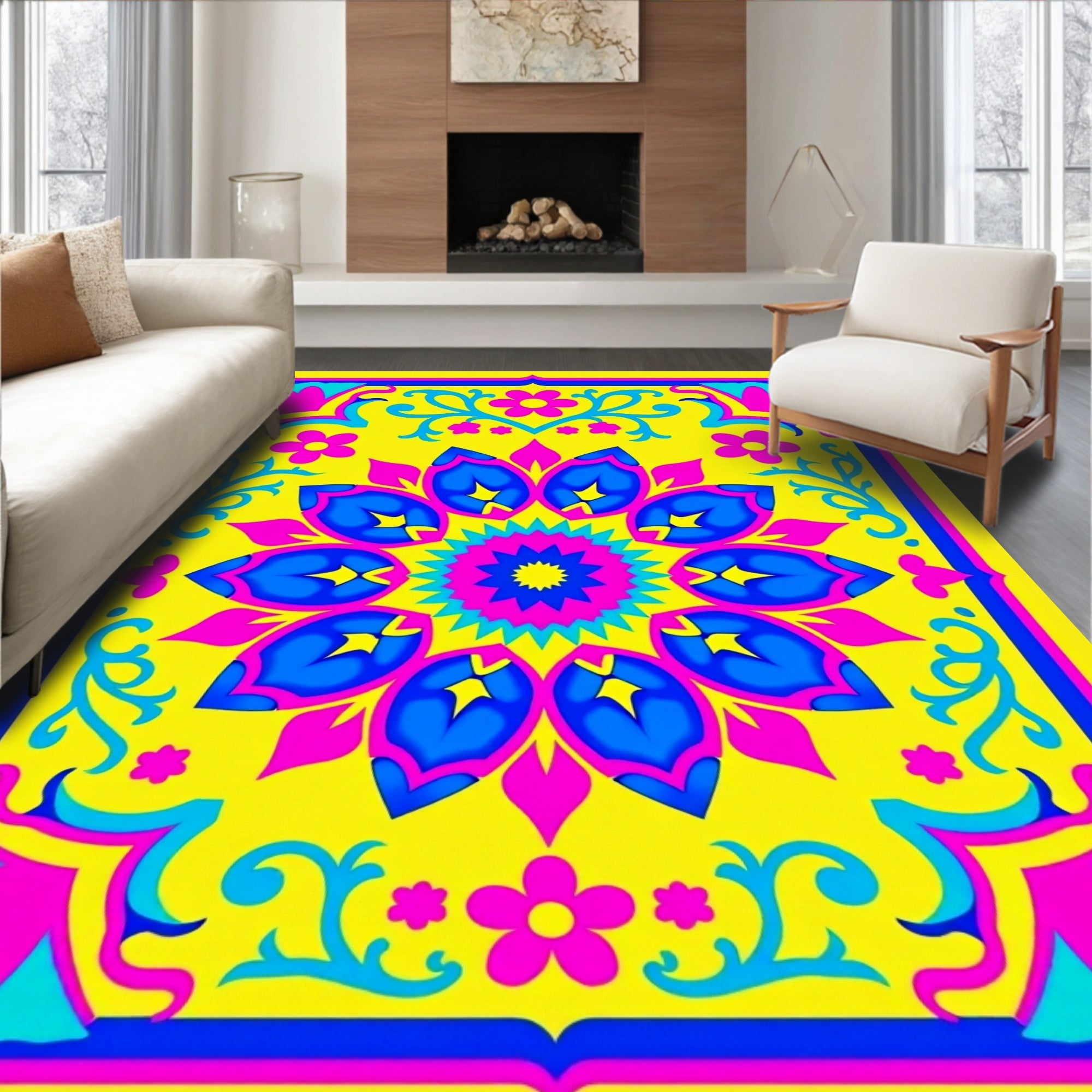 Vibrant Yellow Blue Pink Floral Mandala Rug