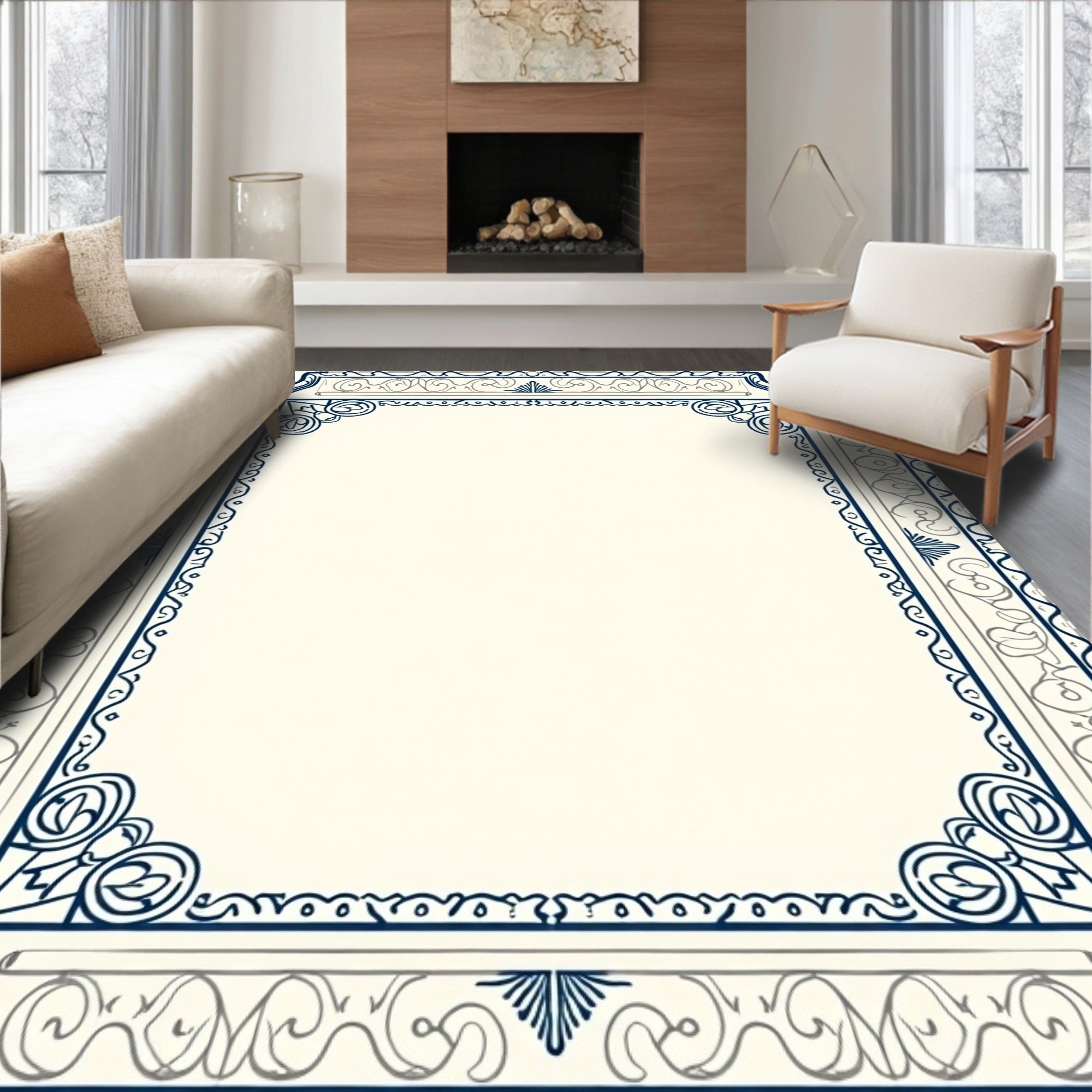 Classic Navy Ivory Scroll Border Rug