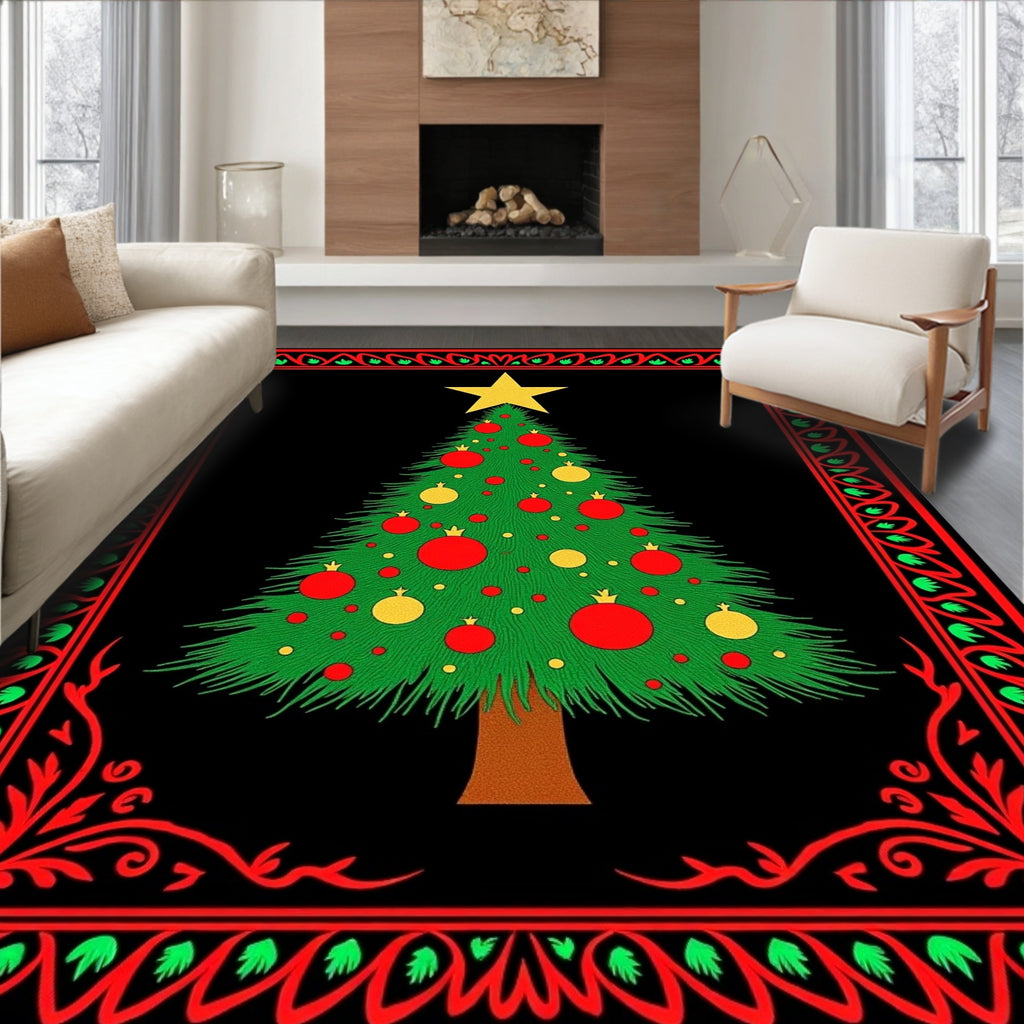 Festive Green Christmas Tree Red Border Rug
