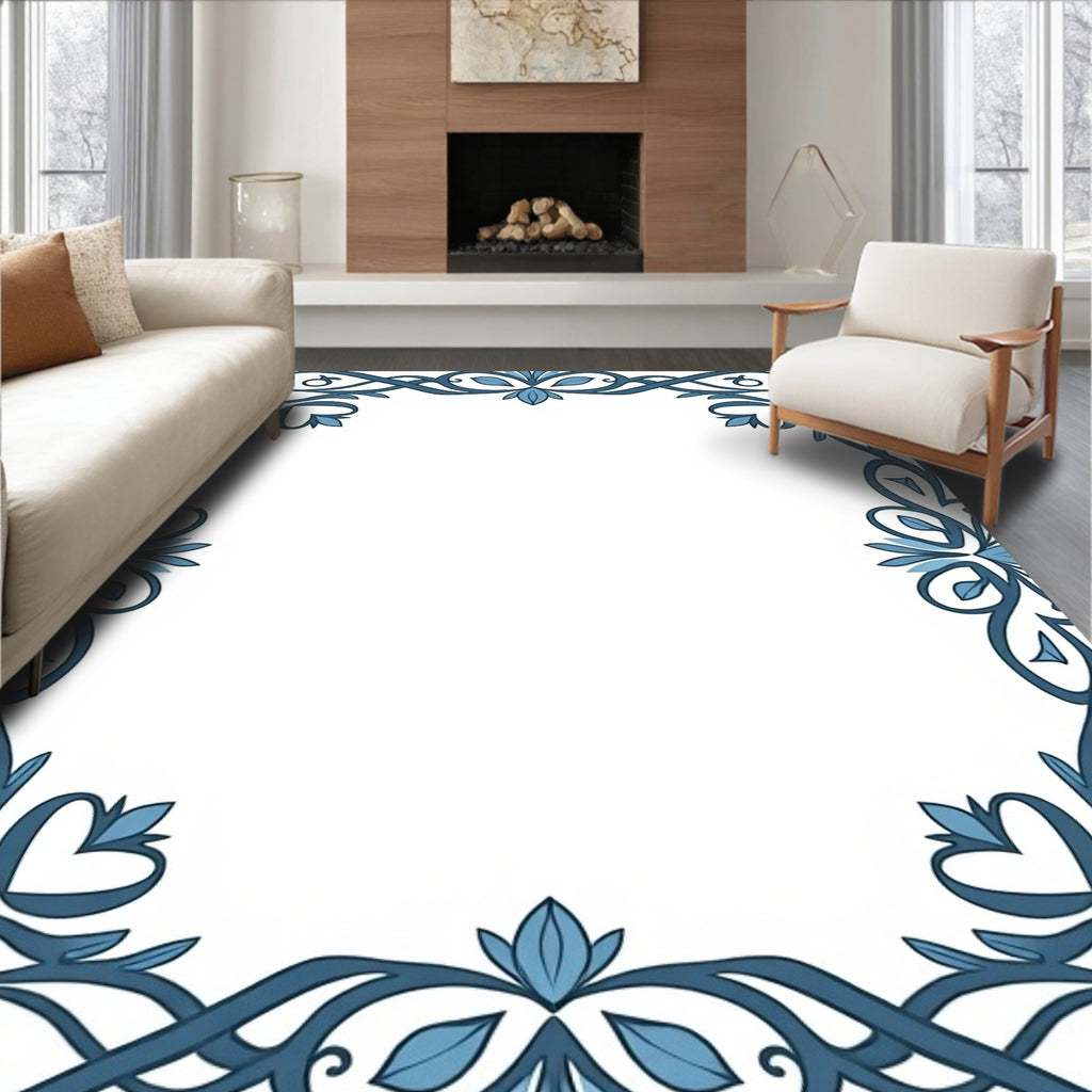 Blue Vine Leaf Scrollwork Border Rug