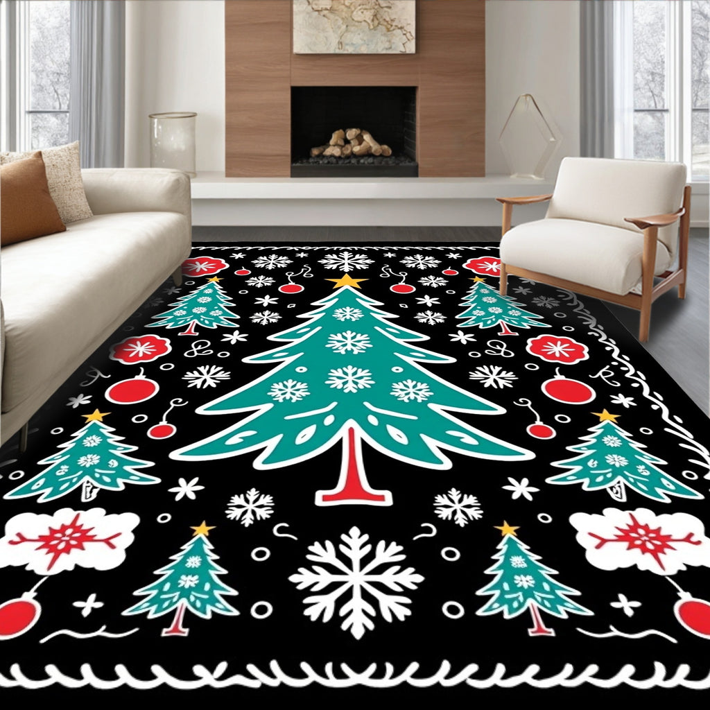 Teal Christmas Trees Red Ornaments Black Rug