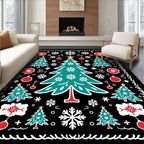 Teal Christmas Trees Red Ornaments Black Rug