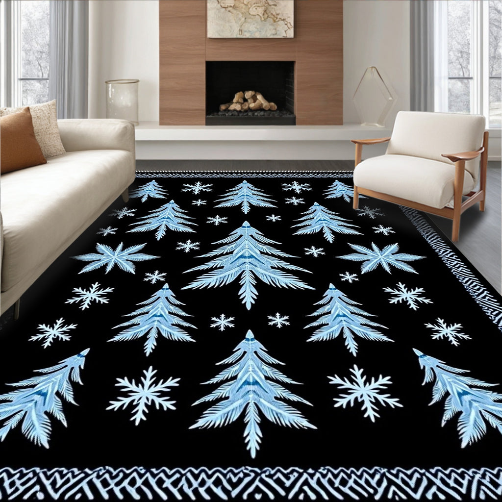 Winter Forest Blue Snowflake Trees Rug
