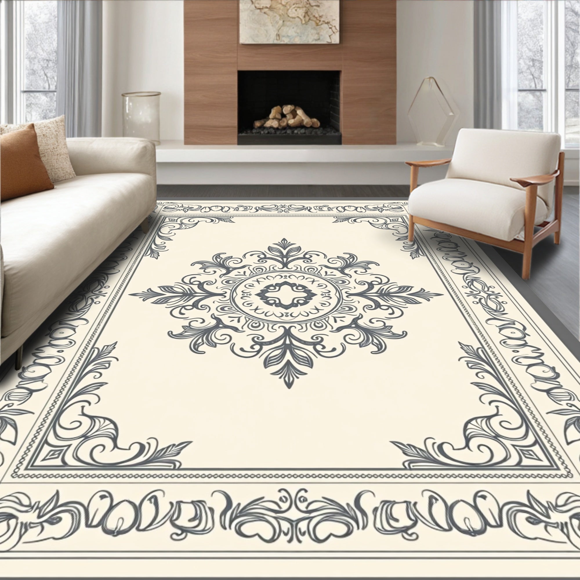Antique Cream Floral Medallion Border Rug