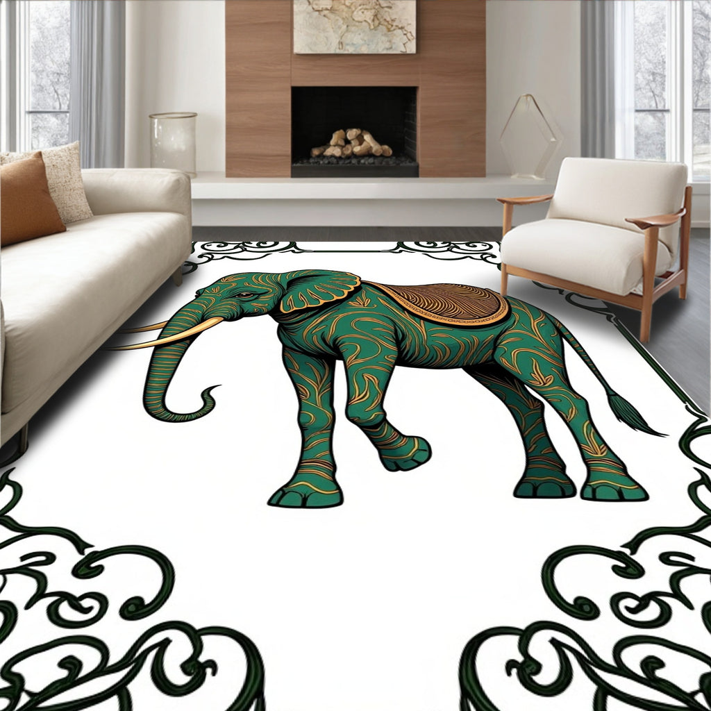 Emerald Elephant With Gold Leaf Swirls Rug