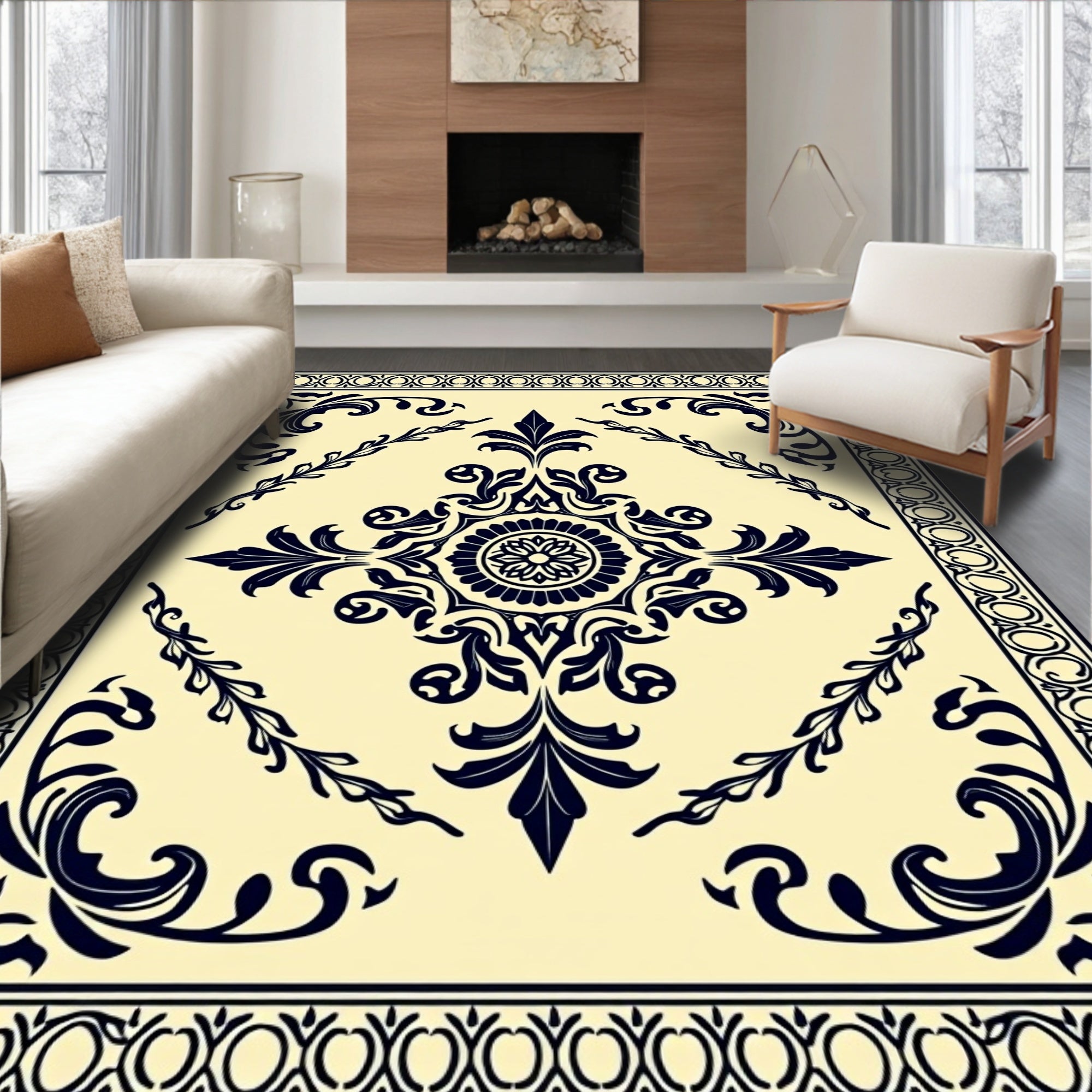 Navy Blue Traditional Floral Medallion Rug