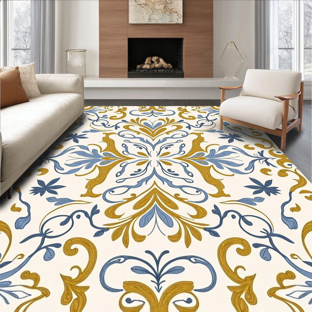 Ornate Blue Golden Floral Scroll Rug