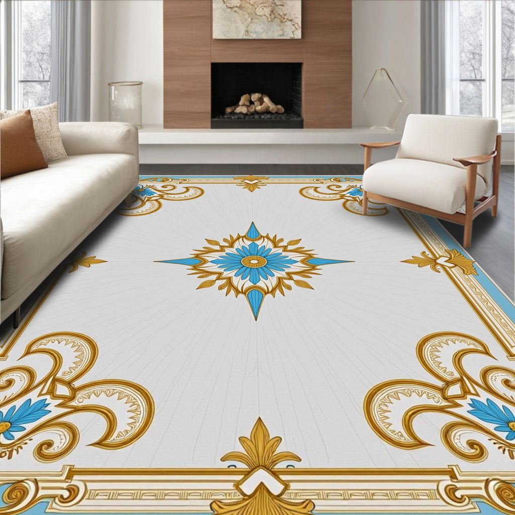 Ornate Blue Gold Floral Medallion Border Rug
