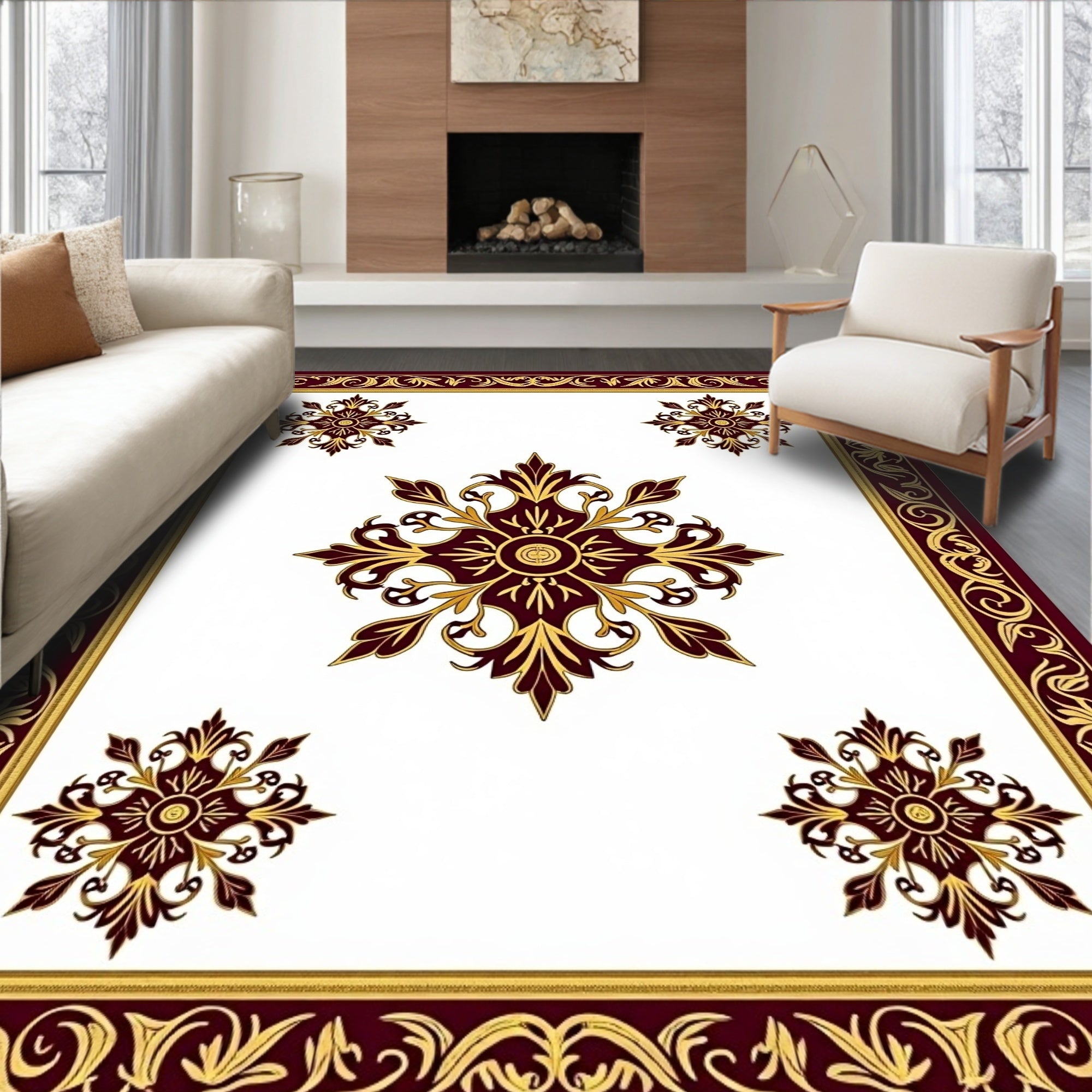Deep Red Gold Filigree Medallion Rug
