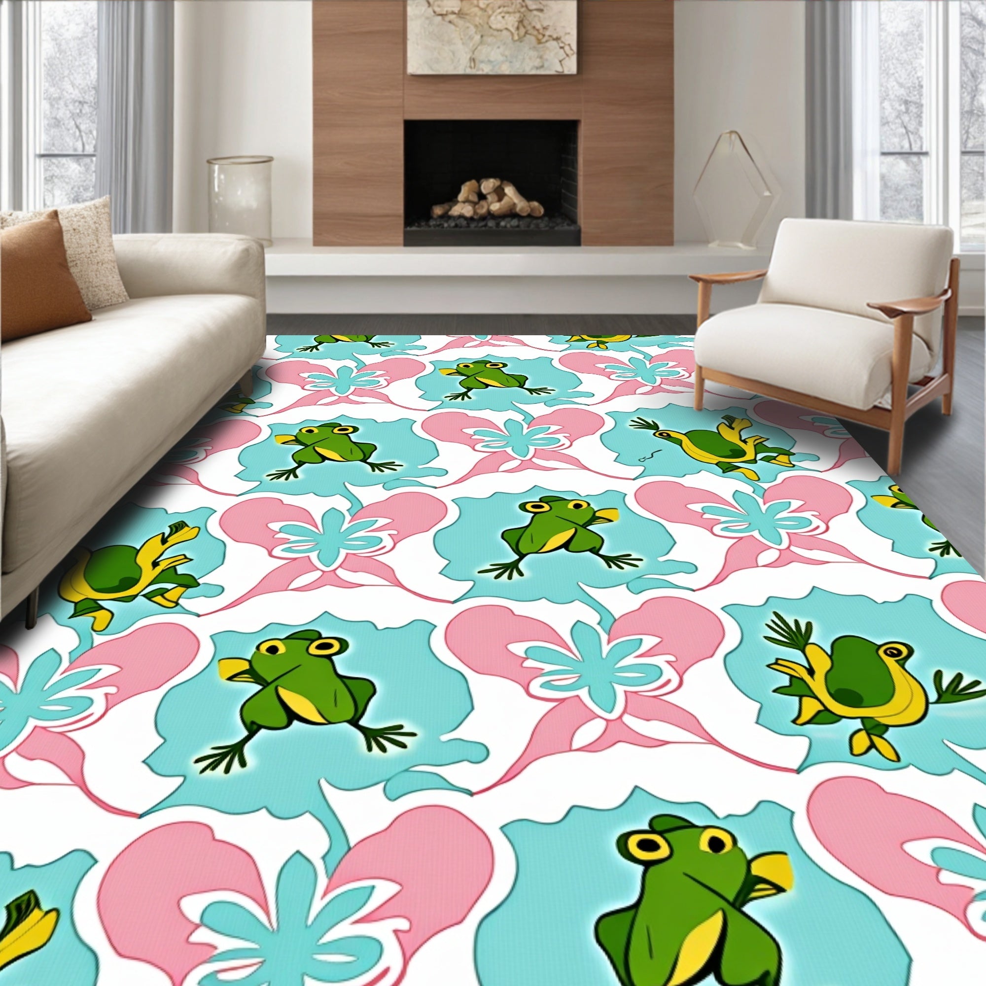 Charming Green Frogs Pink Bows Rug