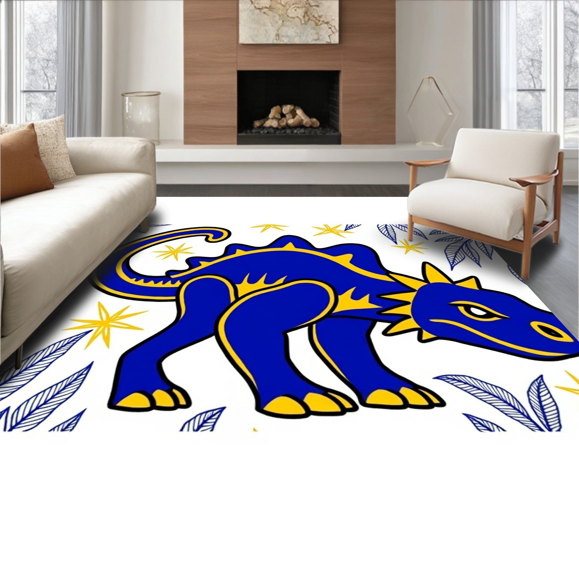 Blue Yellow Dinosaur Jungle Adventure Rug