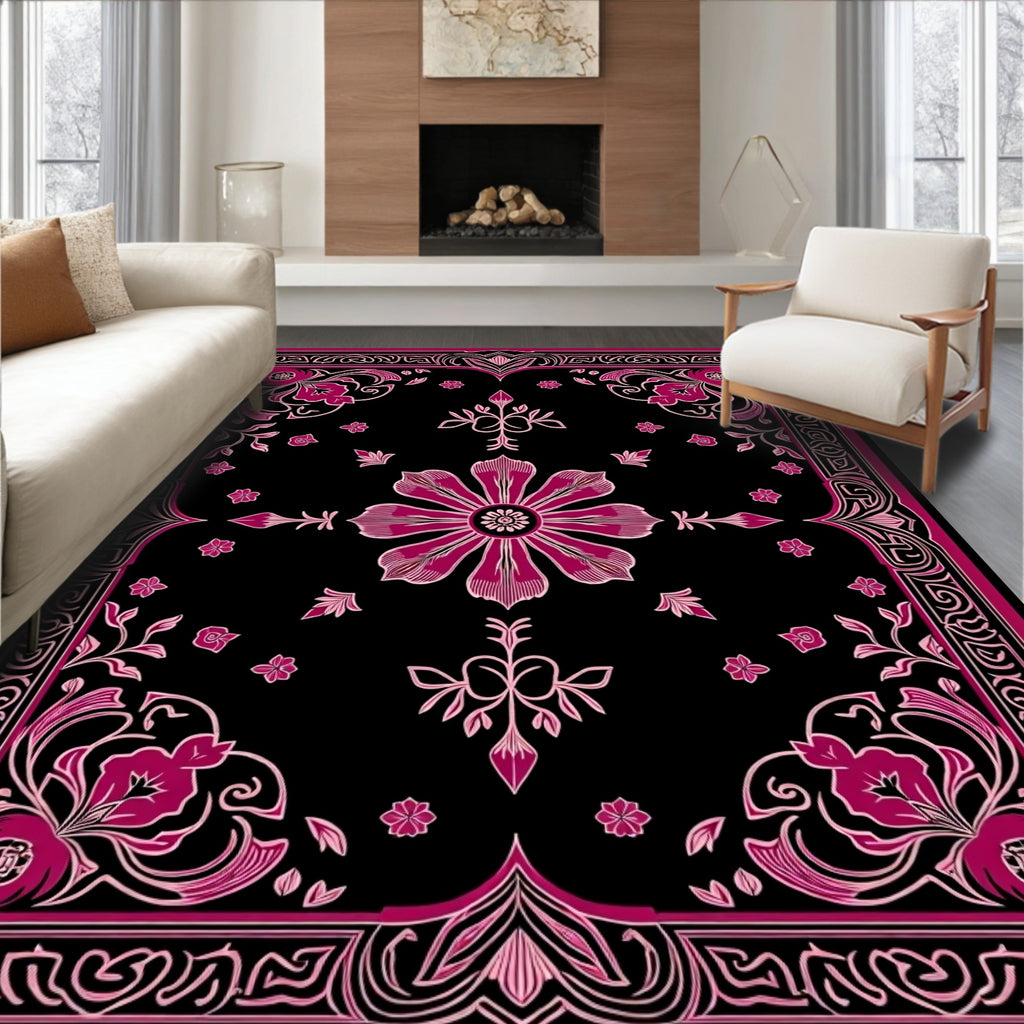 Deep Pink Floral Black Medallion Rug