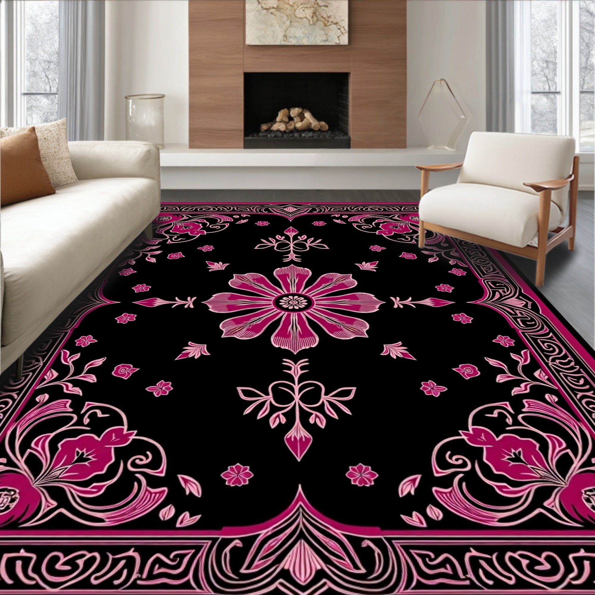 Deep Pink Floral Black Medallion Rug