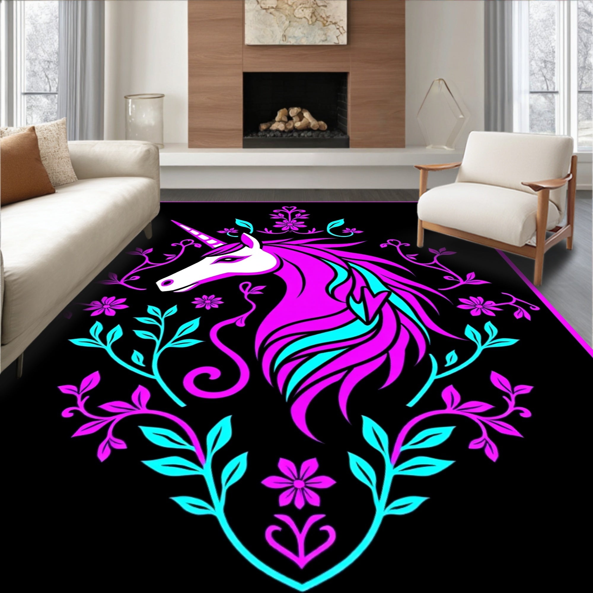 Vibrant Pink Unicorn Floral Swirl Rug