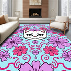 Whimsical White Cat Pink Floral Swirl Rug