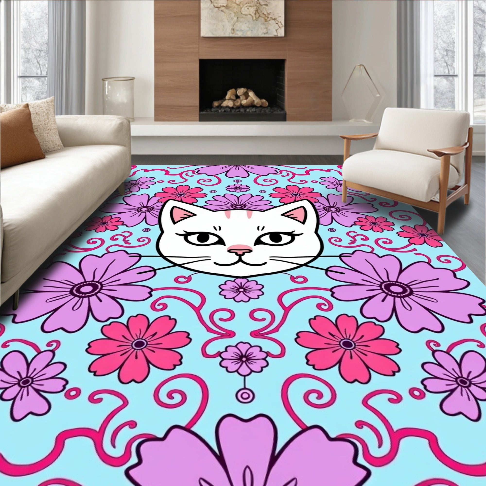 Whimsical White Cat Pink Floral Swirl Rug