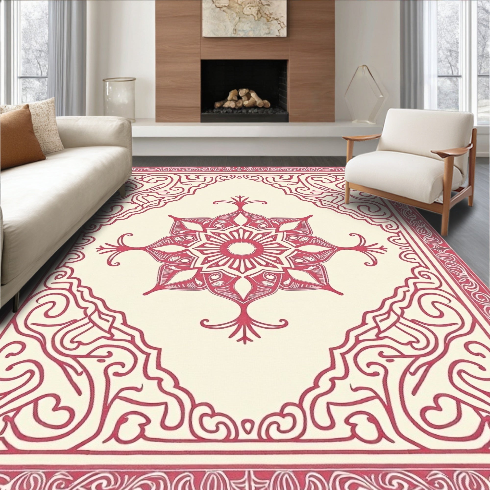 Ornate Crimson Centerpiece Border Rug