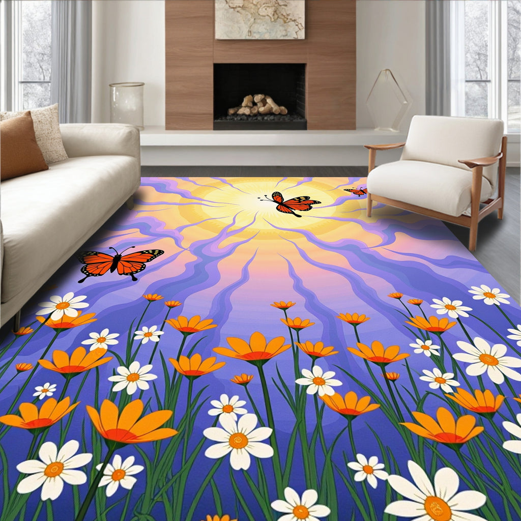 Orange Butterflies Amidst Sunlit Flowers Rug