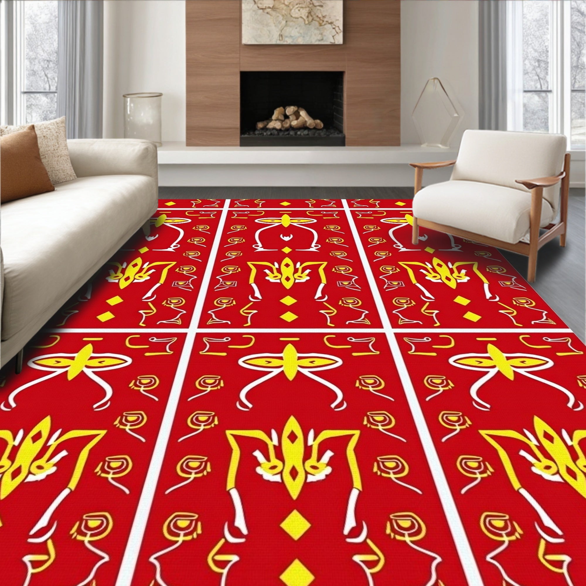 Vibrant Red Geometric Stylized Figures Rug