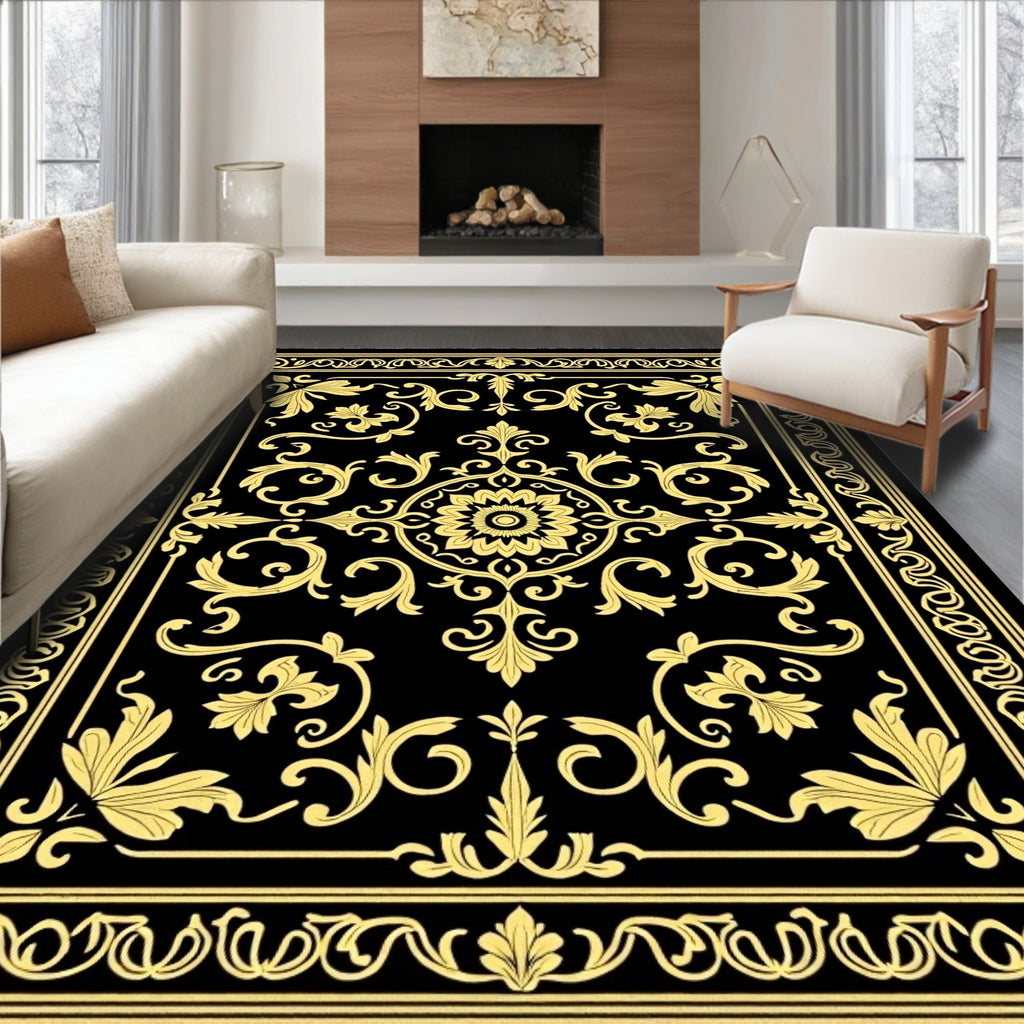 Black Yellow Ornate Floral Scroll Rug