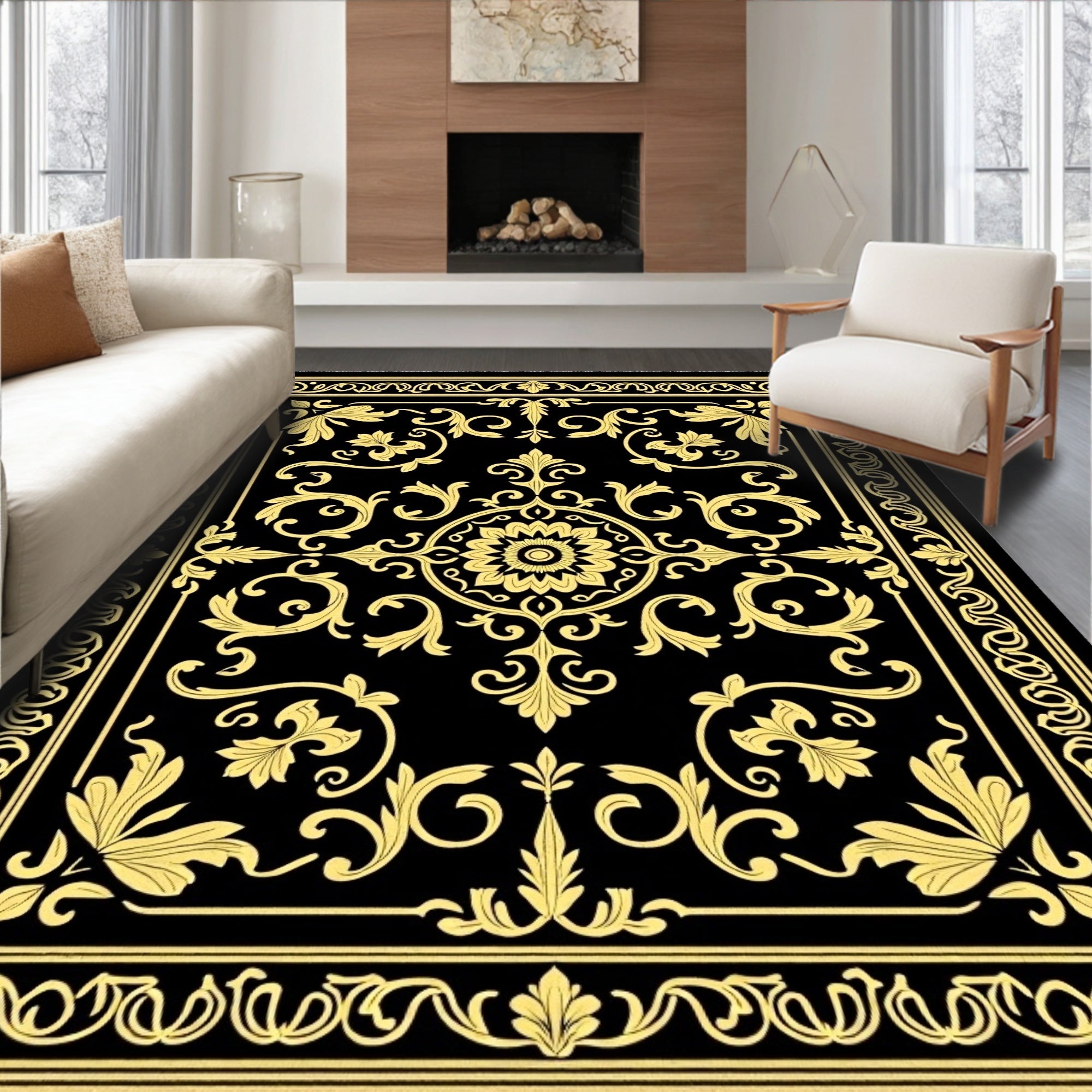 Black Yellow Ornate Floral Scroll Rug