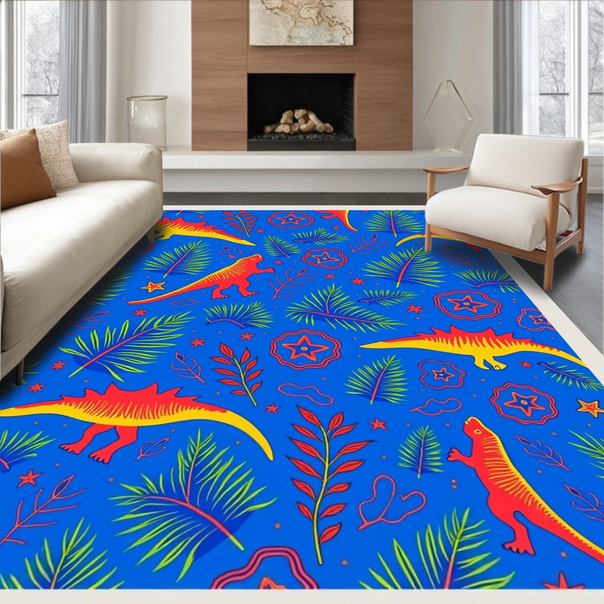 Vibrant Red Dinosaur Jungle Scene Rug