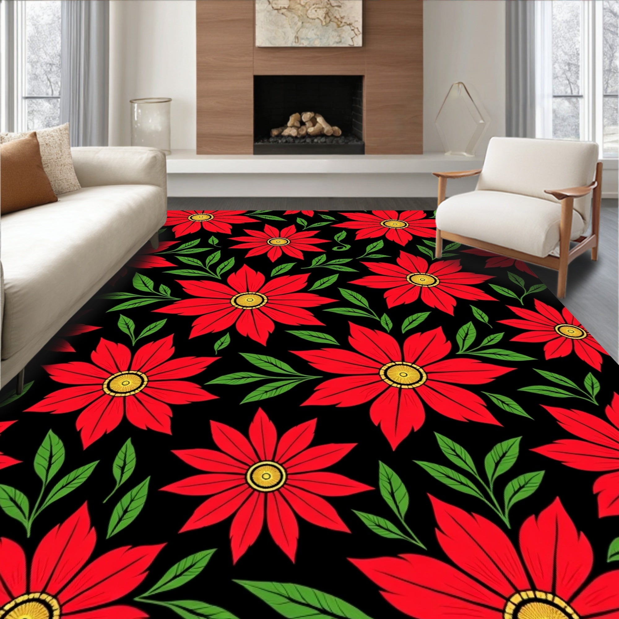 Bold Crimson Blossom Foliage Accents Rug