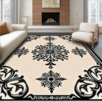 Ornate Black Cream Scrollwork Medallion Rug