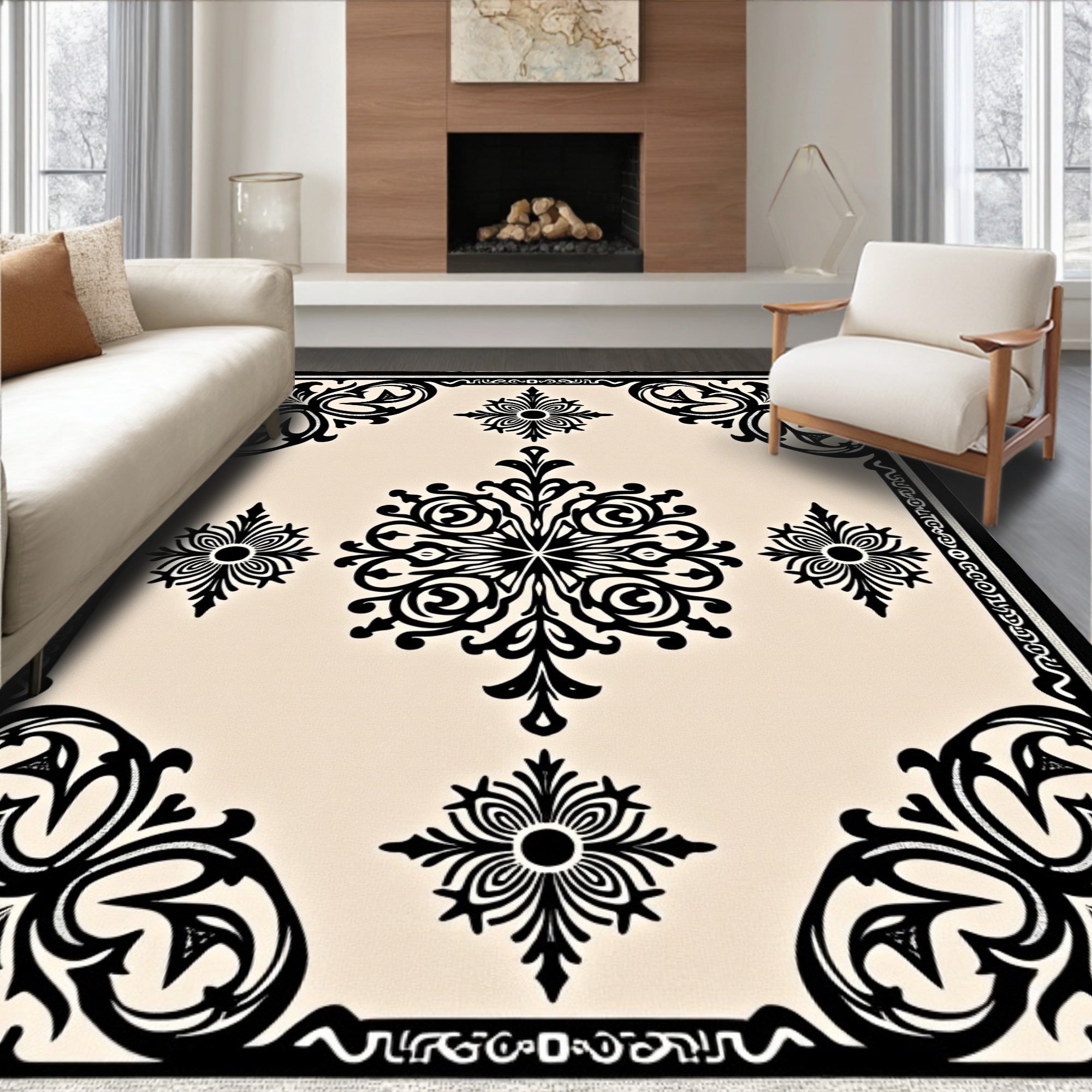 Ornate Black Cream Scrollwork Medallion Rug