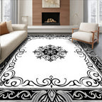 Ornate Black and White Scroll Medallion Rug
