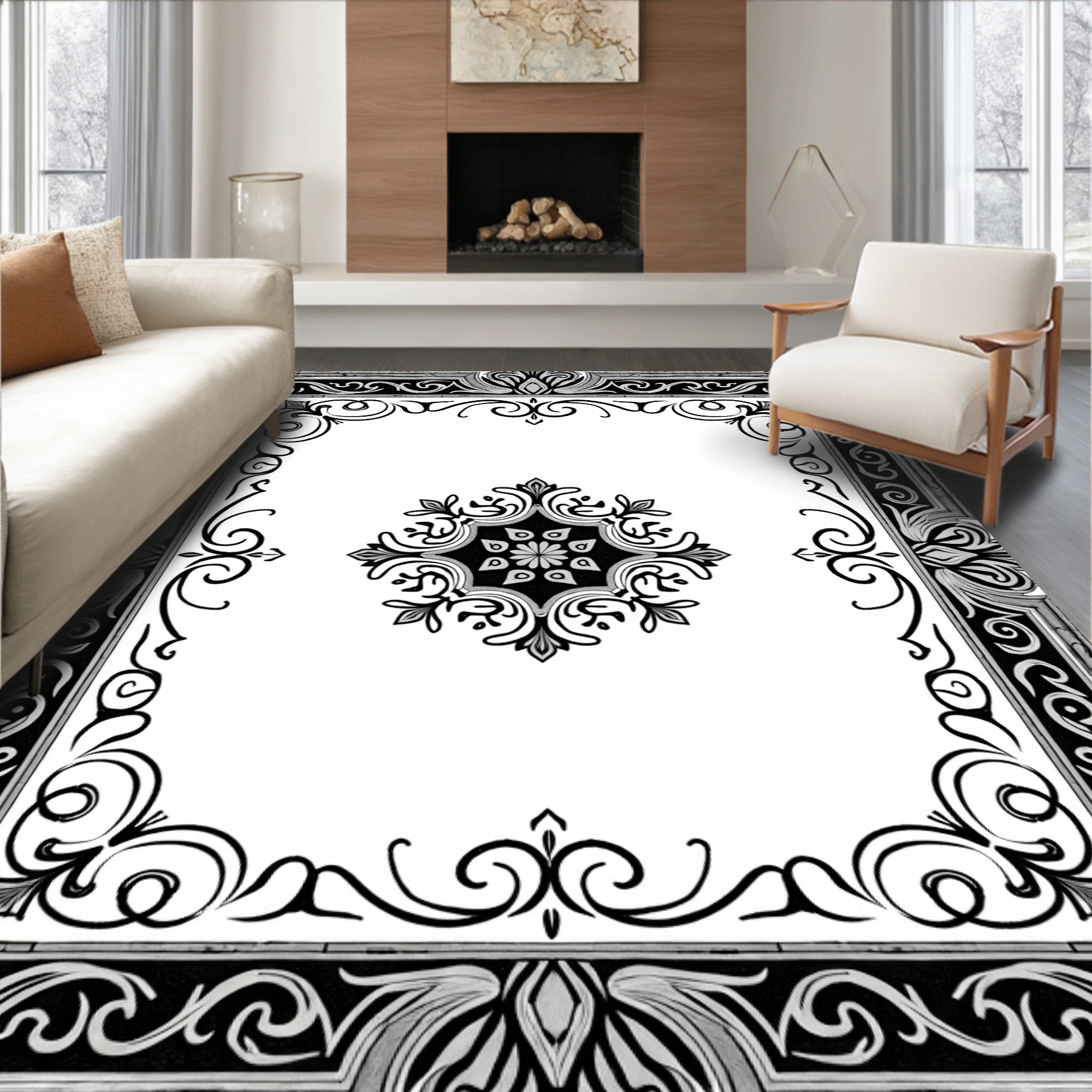 Ornate Black and White Scroll Medallion Rug