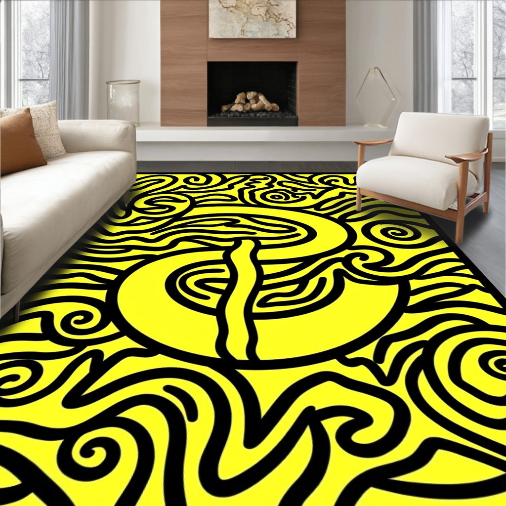 Bright Yellow Black Organic Swirl Rug