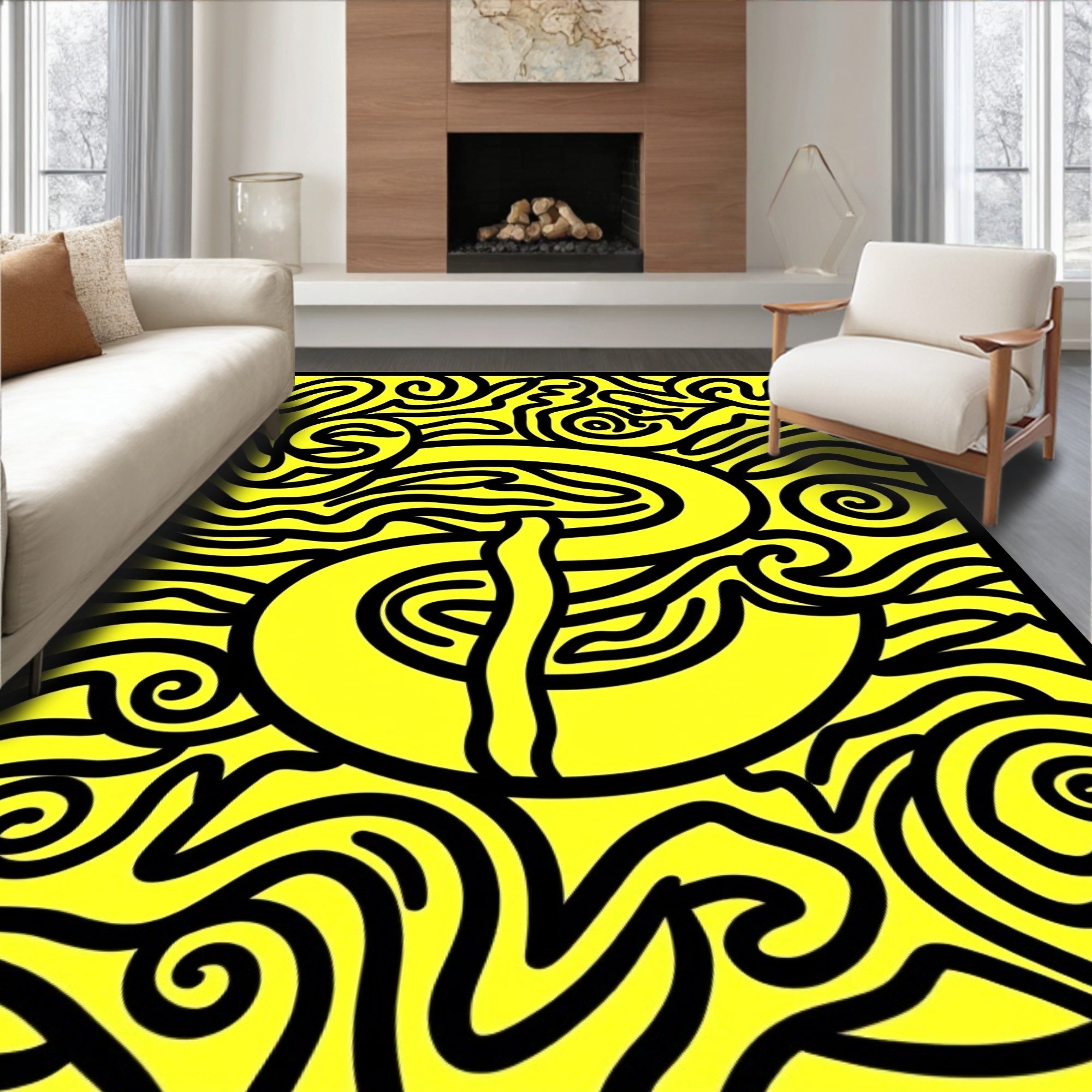 Bright Yellow Black Organic Swirl Rug